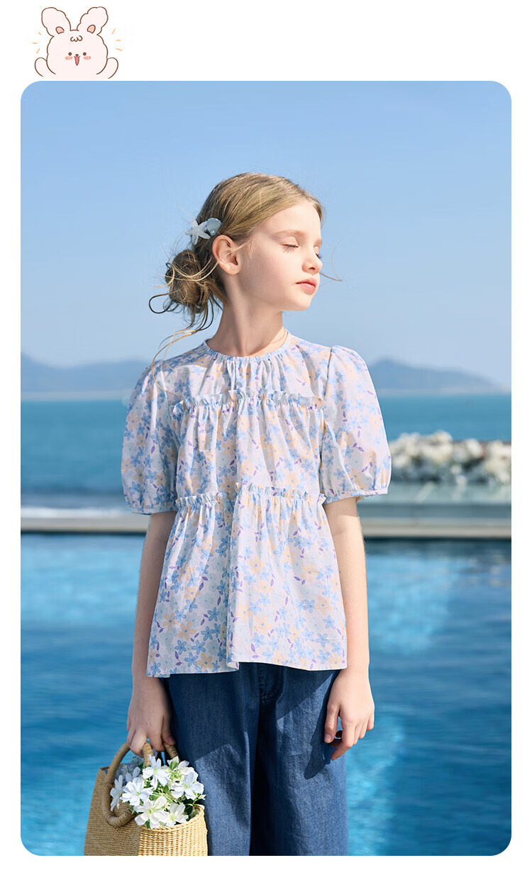 CHANZUIGOU Girls' Floral Doll Collar Shirt 2026 Summer New Pure Cotton Sweet Shirt 16